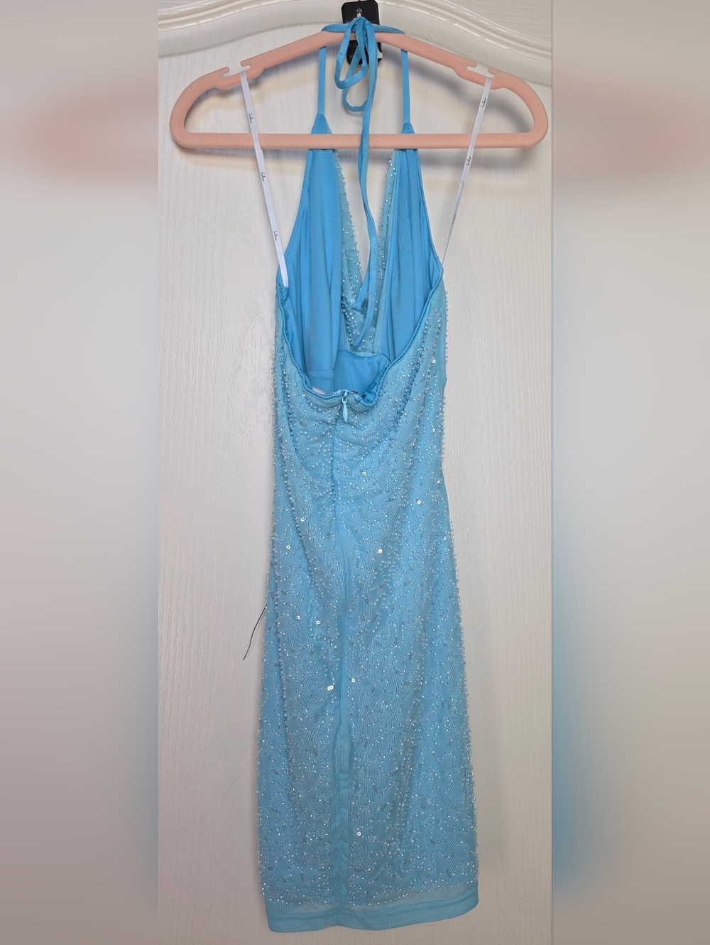 Lulus Callira Light Blue Sparkly Sequin Beaded Cowl Halter Bodycon Mini Dress XS - Picture 6 of 12